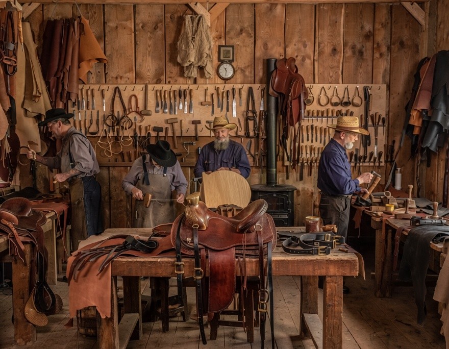 Leather workers making saddles, harnesses, and boots in the settlement shop